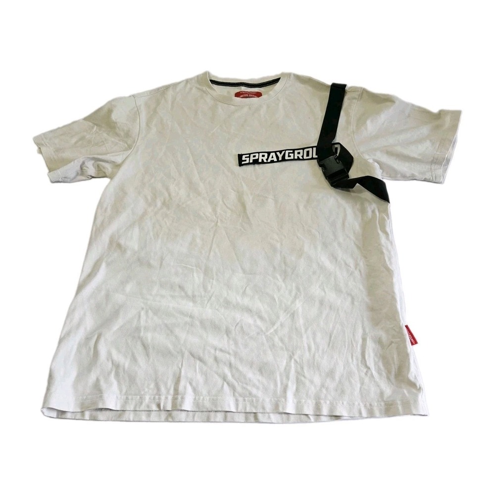 Sprayground White T-Shirt Size‎ M Strap Around Chest Money Bear On Back
